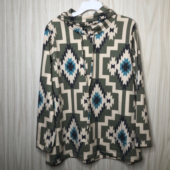Crazy Train Crowl Neck Pullover Hoodie with Tribal Aztec Print Olive Green Large - Picture 1 of 5